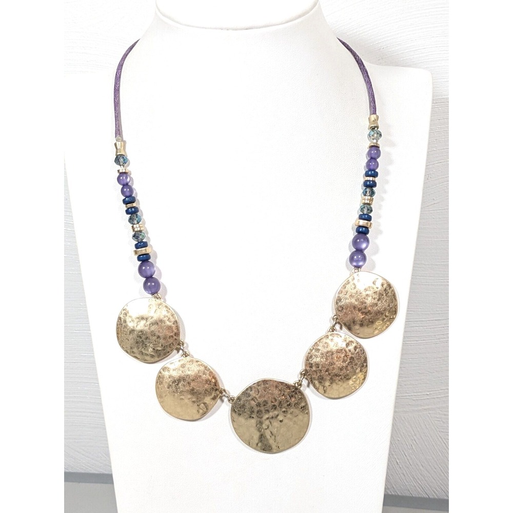 Gold Tone Hammered Disc Necklace Purple Bead Coastal Boho Statement 22"‎
